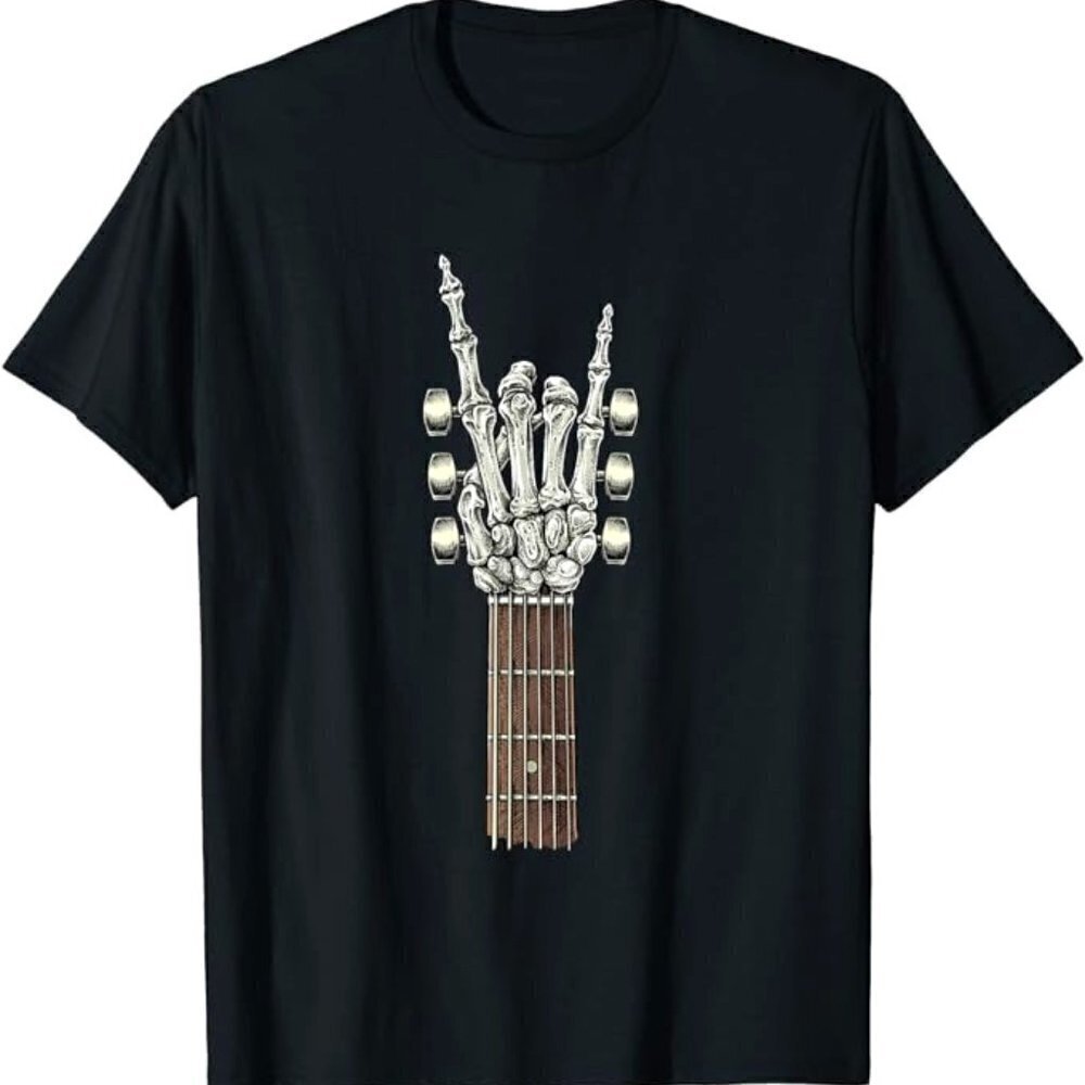 Rock On Guitar Neck - Rock & Roll Halloween Skeleton Hand T-Shirt